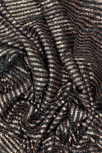 Sakallı Çizgili Pullu Kumaş  Pullu Payet Kumaş Abiye Nişan Düğün Siyah Bakır - Resim 2