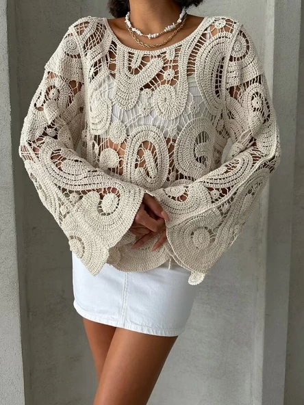 Ekru Dantelli Bluz - 2