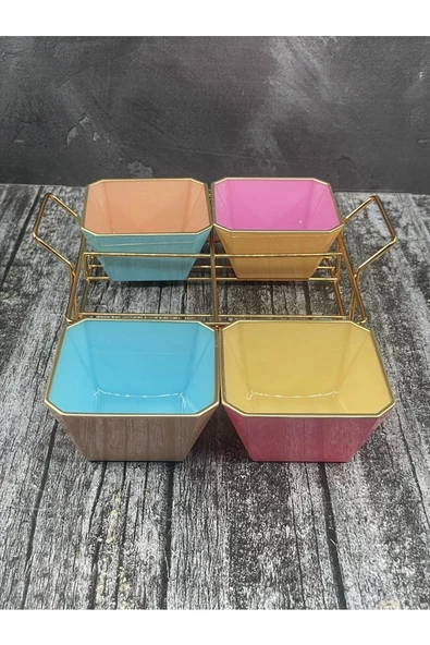 4 Bölmeli Gold Standlı Cam Kahvaltılık Çerezlik Sunumluk Renkli - Resim 2