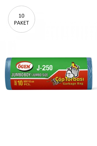 J-250 Jumbo Boy Çöp Torbası 80 x 110 cm 10 Lu Rulo x 10 Paket = 100 Adet (Mavi)