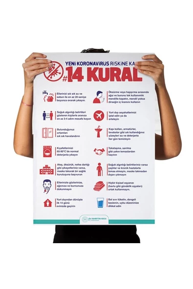 Koronavirüse Karşı 14 Kural Afişi Kendinden Yapışkanlı Folyo 35X50