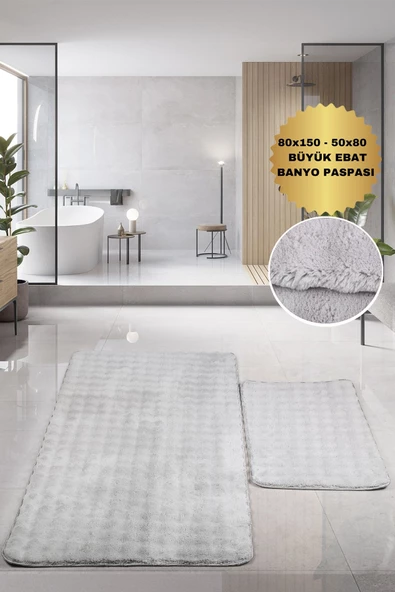 Bubble Gri Büyük Ebat 2'li Banyo Paspas Seti Kaymaz Tabanlı Yıkanablir Klozet Takımı