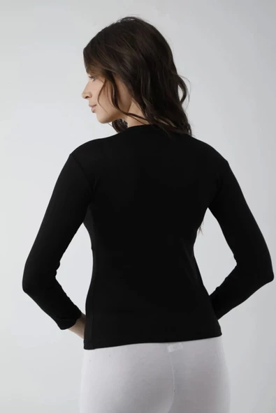 Vivaldi Kadın Siyah Uzun Kol Bisiklet Yaka Body Likralı 352 - Resim 3