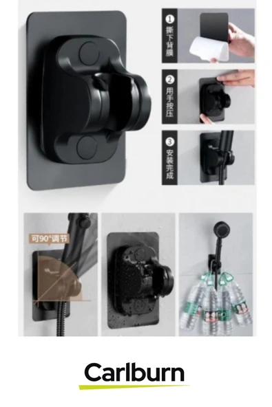 Özel Üretim Ayarlanabilir Estetik Banyoya Zarar Vermeyen Yapışkanlı Duş Başlığı Tutucu Ayarlı Siyah - 2