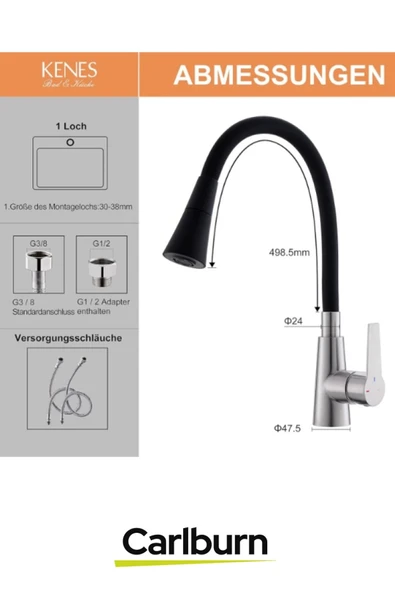 Özel Üretim Yüksek Kaliteli Esnek Paslanmaz Çelik Siyah Gövde Mutfak Lavabo Musluk Başlığı - 2