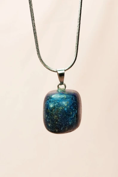 Lapis Lazuri Doğal Taşı Zincirli El Yapımı Kolye Uç: 2 cm Zincir: 20 cm Kutulu - Resim 5