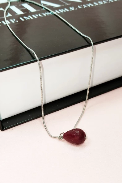 Yakut Doğal Taşı Zincirli El Yapımı Kolye Uç: 1,5 cm Zincir: 20 cm Kutulu - 4