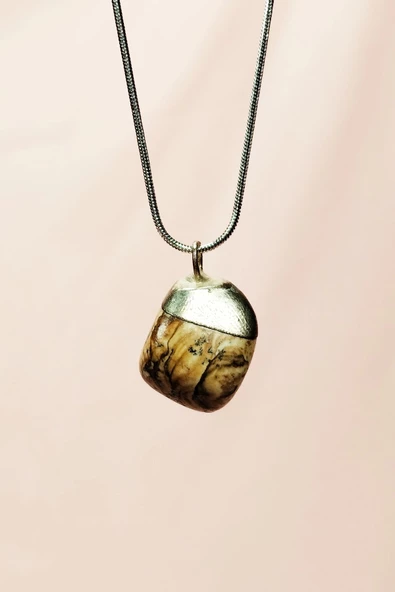 Jasper Doğal Taşı Zincirli El Yapımı Kolye Uç: 2 cm Zincir: 20 cm Kutulu - Resim 3