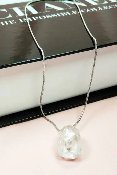 Kuvars Doğal Taşı Zincirli El Yapımı Kolye Uç: 2 cm Zincir: 20 cm Kutulu - Resim 6
