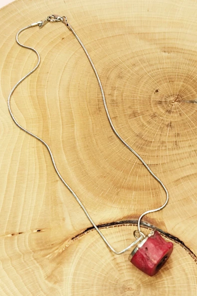 Mercan Doğal Taşı Zincirli El Yapımı Kolye Uç: 1,5 cm Zincir: 20 cm Kutulu - Resim 7