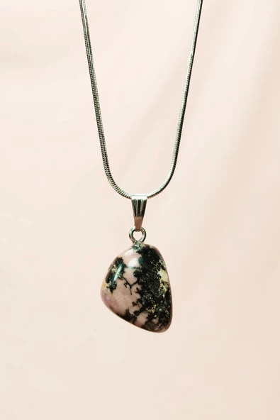 Rodonit Doğal Taşı Zincirli El Yapımı Kolye Uç: 2 cm Zincir: 20 cm Kutulu - Resim 3