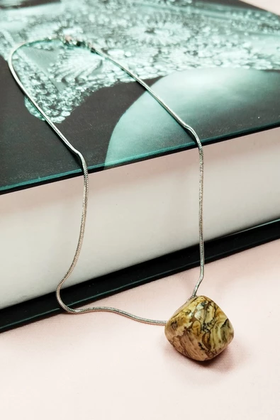 Jasper Doğal Taşı Zincirli El Yapımı Kolye Uç: 2 cm Zincir: 20 cm Kutulu - Resim 4