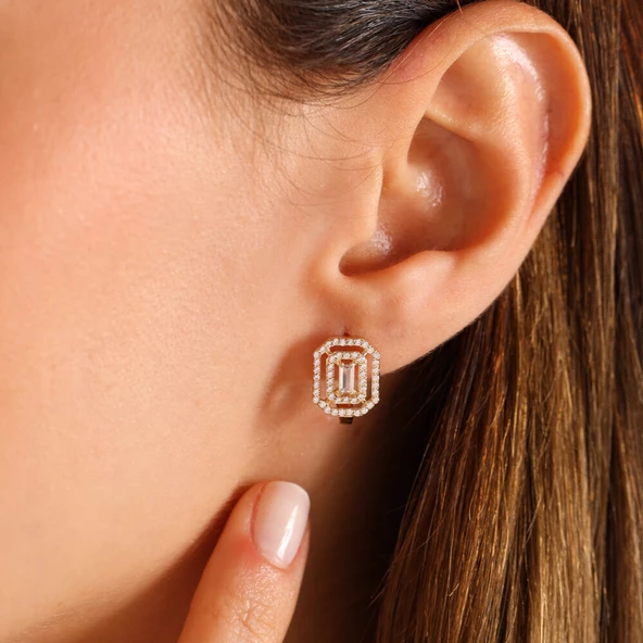 Sarı Altın Baguetta Küpe J Model - Resim 2