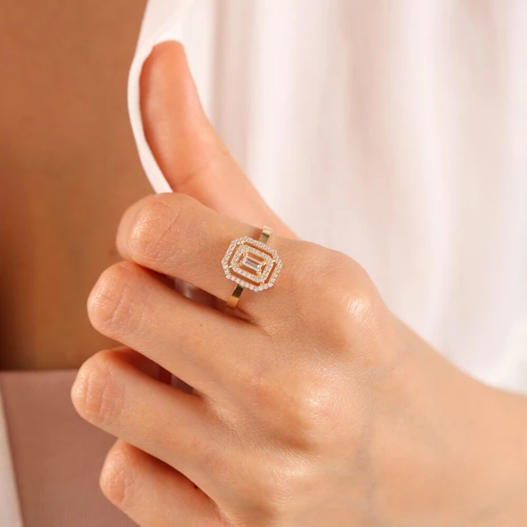 Sarı Altın Baget Yüzük Baguetta - Resim 3