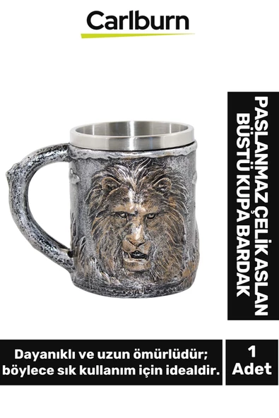 Özel Seri Dekoratif Şık Hediyelik Sevgili Arkadaş Paslanmaz Çelik Aslan Büstü Kupa Bardak 11*14 Cm - 1