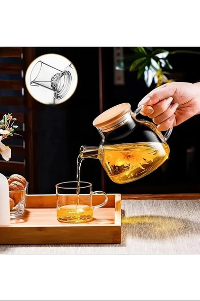 Bambu Kapaklı Borosilikat Cam Demlik 1000ml Royaleks-CM-2000 - 4
