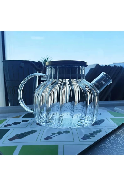 Çelik Kapaklı Borosilikat Dilimli Model Süzgeçli Cam Demlik Bitki Çayları 1000 Ml Royaleks-CM-2001 - 2