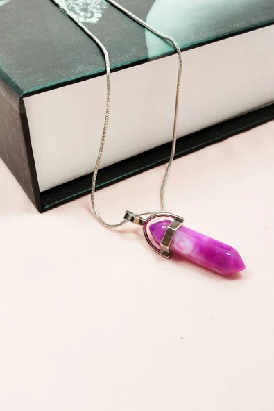 Pembe Akit Doğal Taşı Zincirli El Yapımı Tasarımlı Kolye Uç: 3,5 cm Zincir: 20 cm Kutulu - 3