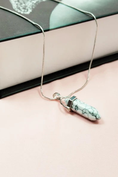 Havlit Doğal Taşı Zincirli El Yapımı Tasarımlı Kolye Uç: 3,5 cm Zincir: 20 cm Kutulu - Resim 3