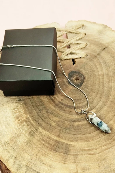 Mavi Kuvars Doğal Taşı Zincirli El Yapımı Tasarımlı Kolye Uç: 3,5 cm Zincir: 20 cm Kutulu - Resim 4