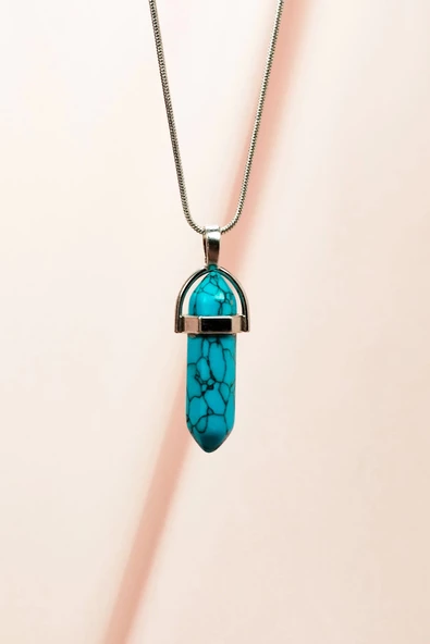 Firuze Doğal Taşı Zincirli El Yapımı Tasarımlı Kolye Uç: 3,5 cm Zincir: 20 cm Kutulu ürün görseli