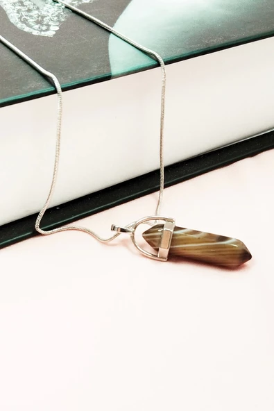 Kahverengi Akik Doğal Taşı Zincirli El Yapımı Tasarımlı Kolye Uç: 3,5 cm Zincir: 20 cm Kutulu - Resim 4