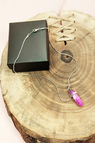 Pembe Akit Doğal Taşı Zincirli El Yapımı Tasarımlı Kolye Uç: 3,5 cm Zincir: 20 cm Kutulu - 4