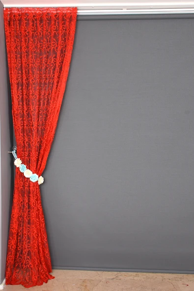 ŞAL MODEL KIRMIZI  RENK TEK KANAT Hazır dikilmiş Pileli Fon Perde 75*260 cm - Resim 6