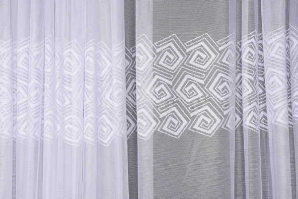 GEOMETRİK BEYAZ RENK TEK KANAT Dikilmiş Pileli Fon Perde 300*260 Cm - Resim 5