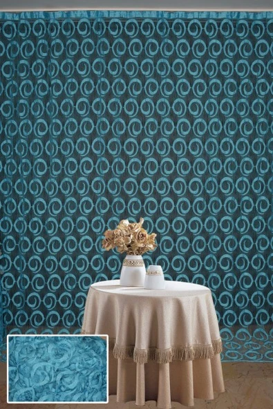 VAKKO  MODEL TURKUAZ RENK İP PERDE HAZIR DÜĞMELERİ DİKİLMİŞ İP PERDE 300*270 cm ürün görseli 1