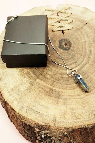 Sodalit Doğal Taşı Zincirli El Yapımı Tasarımlı Kolye Uç: 3,5 cm Zincir: 20 cm Kutulu - Resim 4