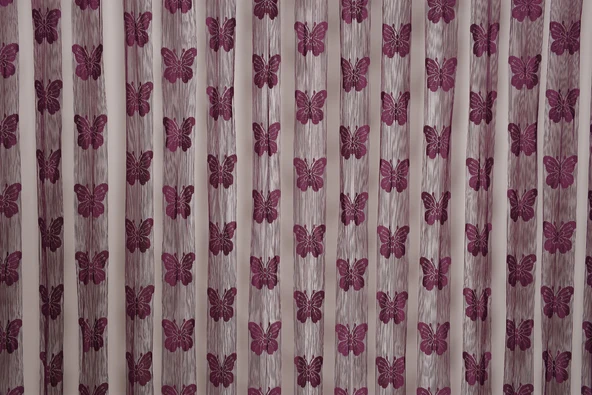 KELEBEK  MODEL MOR RENK İP PERDE HAZIR DÜĞMELERİ DİKİLMİŞ İP PERDE 300*280 cm ürün görseli