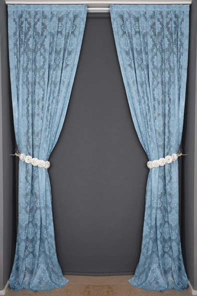 DAMAKS MAVİ RENK TEK KANAT Hazır dikilmiş Pileli Fon Perde 75*260 cm - Resim 5