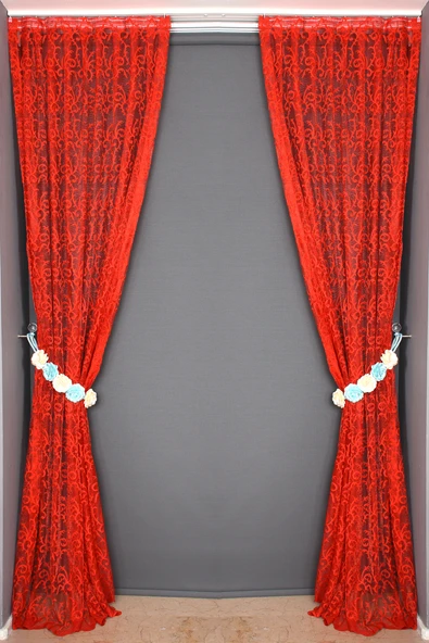 ŞAL MODEL KIRMIZI  RENK TEK KANAT Hazır dikilmiş Pileli Fon Perde 75*260 cm - Resim 5