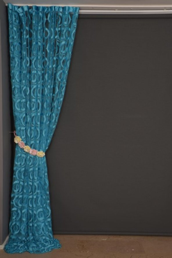 VAKKO  MODEL TURKUAZ RENK İP PERDE HAZIR DÜĞMELERİ DİKİLMİŞ İP PERDE 300*270 cm - 6