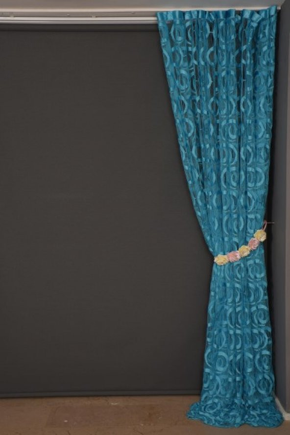 VAKKO  MODEL TURKUAZ RENK İP PERDE HAZIR DÜĞMELERİ DİKİLMİŞ İP PERDE 300*270 cm - 7