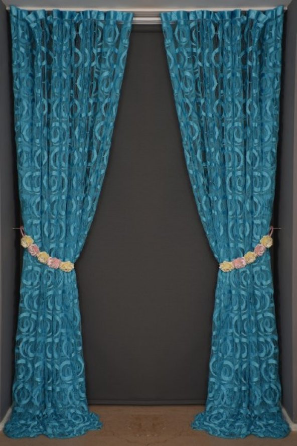 VAKKO  MODEL TURKUAZ RENK İP PERDE HAZIR DÜĞMELERİ DİKİLMİŞ İP PERDE 300*270 cm - 8