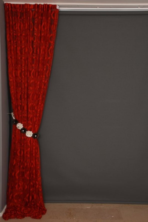 VAKKO  MODEL KIRMIZI RENK İP PERDE HAZIR DÜĞMELERİ DİKİLMİŞ İP PERDE 300*270 cm - 6