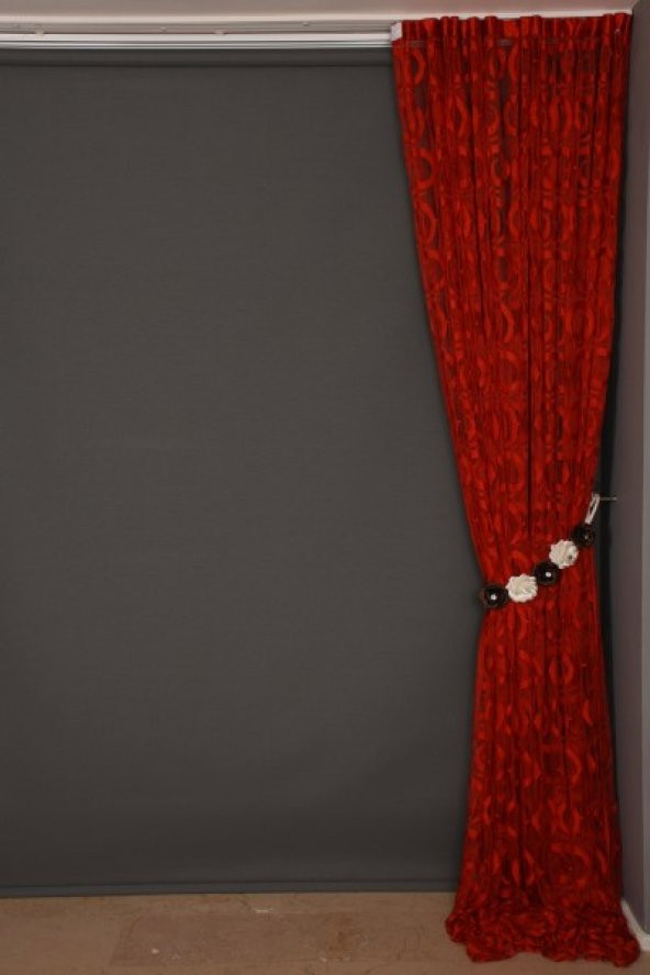 VAKKO  MODEL KIRMIZI RENK İP PERDE HAZIR DÜĞMELERİ DİKİLMİŞ İP PERDE 300*270 cm - 7
