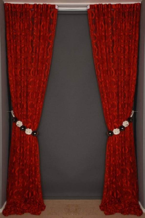 VAKKO  MODEL KIRMIZI RENK İP PERDE HAZIR DÜĞMELERİ DİKİLMİŞ İP PERDE 300*270 cm - 8