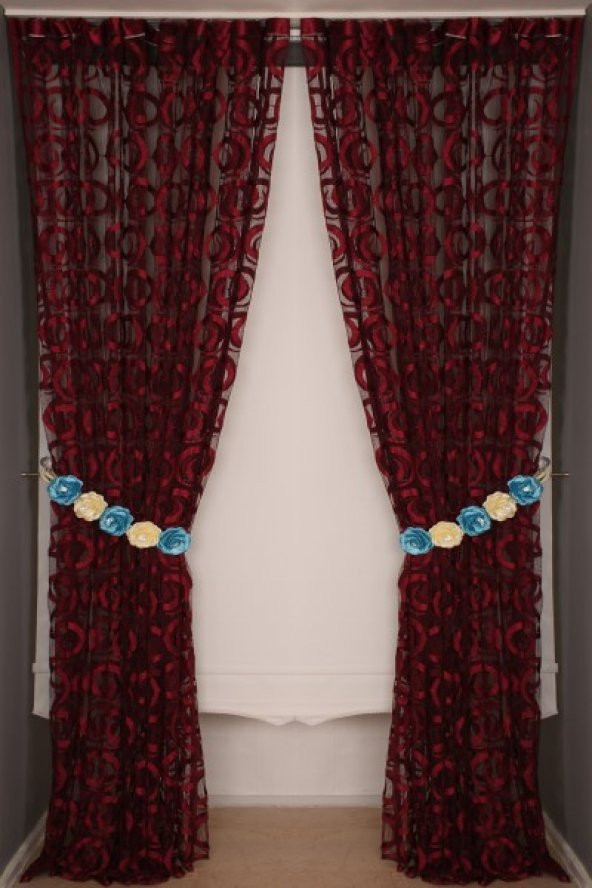 VAKKO  MODEL BORDO RENK İP PERDE HAZIR DÜĞMELERİ DİKİLMİŞ İP PERDE 300*270 cm - 8