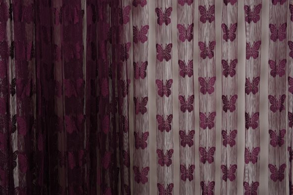 KELEBEK  MODEL MOR RENK İP PERDE HAZIR DÜĞMELERİ DİKİLMİŞ İP PERDE 300*280 cm - 4