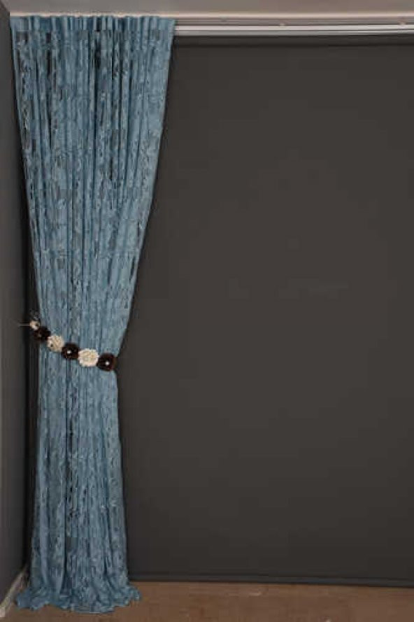 YAPRAK  MODEL MAVİ RENK İP PERDE HAZIR DÜĞMELERİ DİKİLMİŞ İP PERDE 300*270 cm - 6