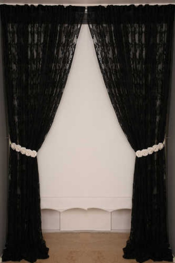 YAPRAK  MODEL SİYAH RENK İP PERDE HAZIR DÜĞMELERİ DİKİLMİŞ İP PERDE 300*280 cm - 8