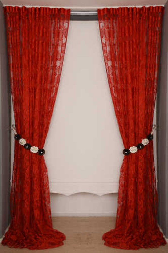 YAPRAK  MODEL KIRMIZI RENK İP PERDE HAZIR DÜĞMELERİ DİKİLMİŞ İP PERDE 300*280 cm - 8
