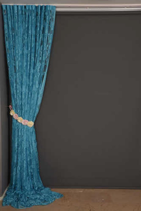 YAPRAK  MODEL TURKUAZ RENK İP PERDE HAZIR DÜĞMELERİ DİKİLMİŞ İP PERDE 300*280 cm - 6