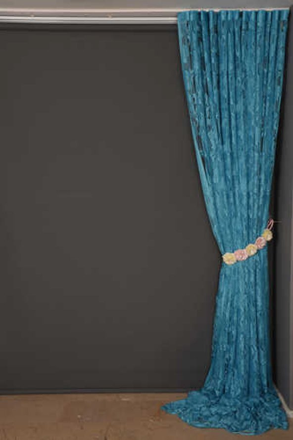 YAPRAK  MODEL TURKUAZ RENK İP PERDE HAZIR DÜĞMELERİ DİKİLMİŞ İP PERDE 300*280 cm - 7