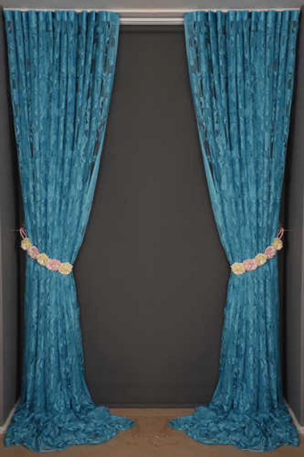 YAPRAK  MODEL TURKUAZ RENK İP PERDE HAZIR DÜĞMELERİ DİKİLMİŞ İP PERDE 300*280 cm - 8