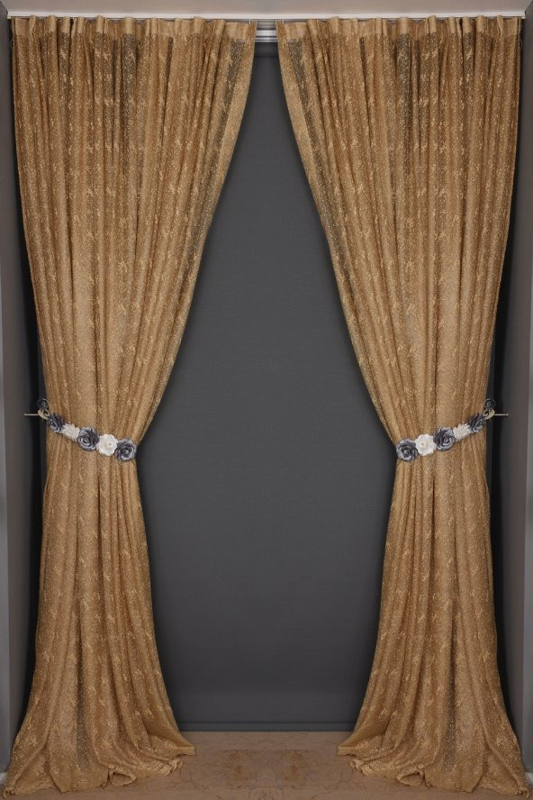 KUŞ MODEL GOLD RENK TEK KANAT Dikilmiş Pileli Fon Perde 300*260 Cm - 7