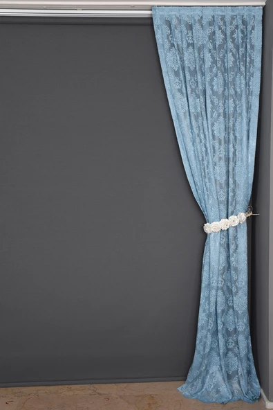 DAMAKS MAVİ RENK TEK KANAT Hazır dikilmiş Pileli Fon Perde 75*260 cm - Resim 7